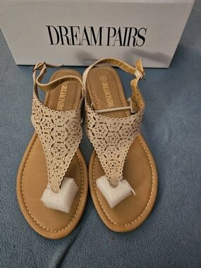 Dream Pairs Women's Beige Laser-Cut T-Strap Sandals